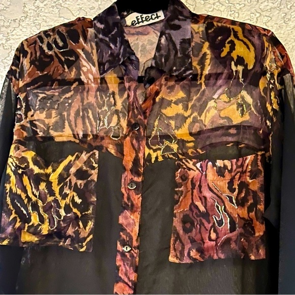 1980s sheer black blouse mixed material beaded cheetah size L - Picture 3 of 6